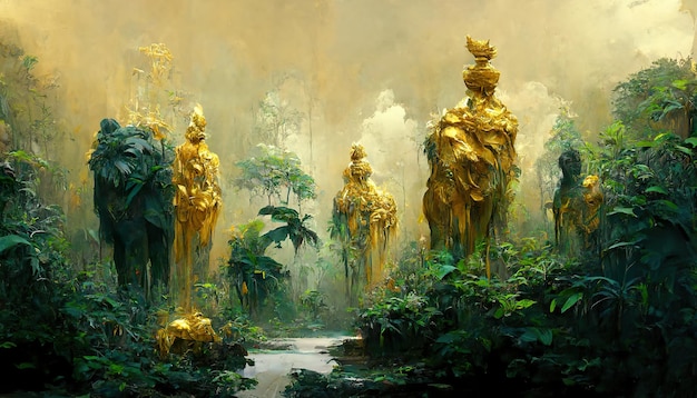 Druipende gouden figuren in jungle concept art illustratie