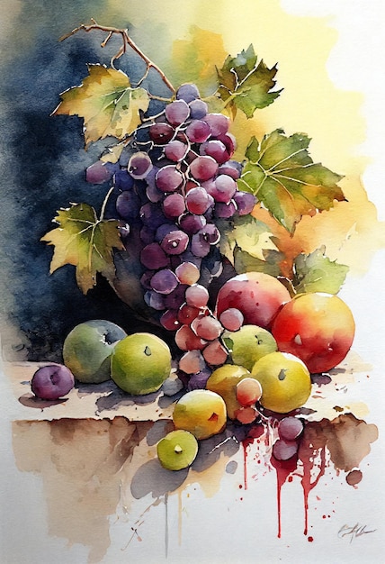 druiven en appels, fruit aquarel, fruit poster, fruit schilderen, keukenontwerp, cadeau voor haar