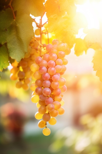 Druiven hangen aan de wijnstok waar de zon op schijnt