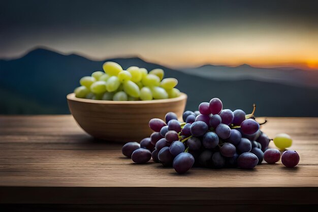 druiven in een schaal met een zonsondergang op de achtergrond