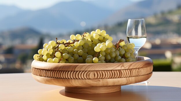 Druiven in mand met glas op tafel
