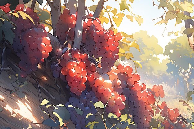 Druiven liggen uitgestald in een boom waar de zon door de bladeren schijnt.
