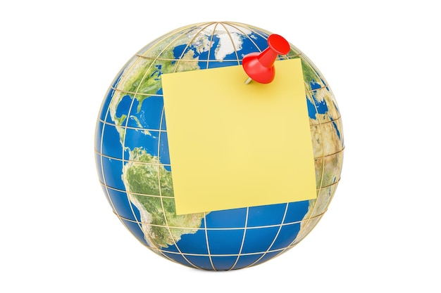 Druk op pin met lege gele kleverige notitie op de wereldbol 3D-weergave