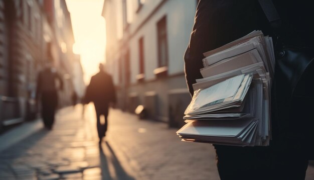 Foto drukbezette zakenmensen lopen met stapels papierwerk gegenereerd door ai