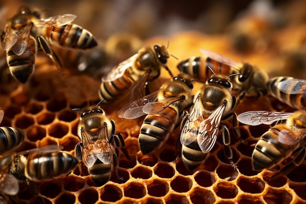 Drukke buzz honingbijen aan het werk in bijenkorf generatieve AI