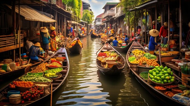 Foto drukke drijvende markt langs een kronkelende rivier