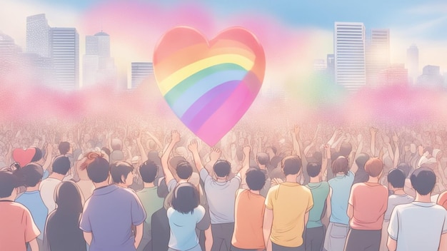drukke lgbt-gemeenschap en activisten vieren gay pride parade regenboogkleuren grote stad