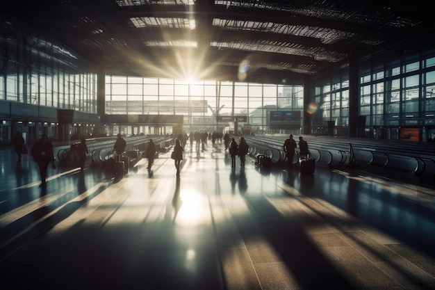 drukke luchthaven of treinstation bij zonsopgang motion blur AI Gegenereerde inhoud