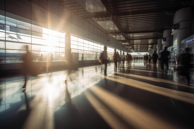 drukke luchthaven of treinstation bij zonsopgang motion blur AI Gegenereerde inhoud