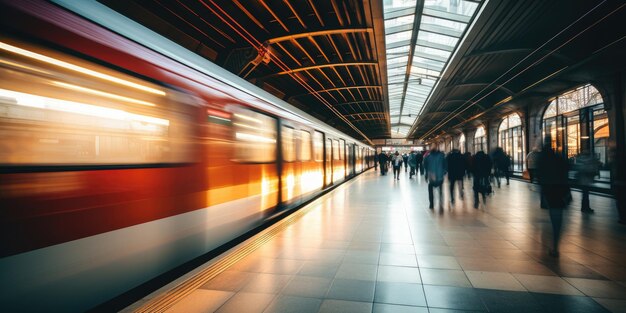 Drukke openbare plek met passerende mensen die wandelen in de stadsverkeersstroom bewegingsonscherpte-effect Filmisch licht Generatieve AI