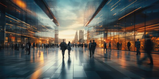 Drukke openbare plek met passerende mensen die wandelen in de stadsverkeersstroom bewegingsonscherpte-effect Filmisch licht Generatieve AI