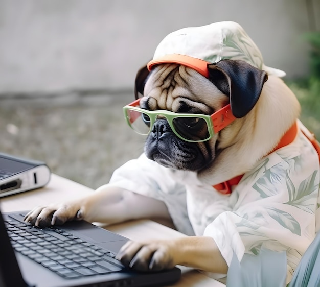 Drukke pug dog Concept van hardwerkend of werken vanuit huis