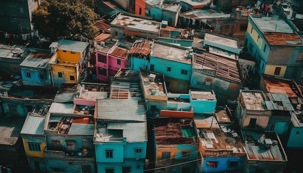 Drukke sloppenwijk stadsleven vuile bouwchaos gegenereerd door AI