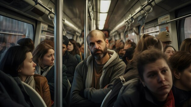 Foto drukke spitstijd met pendelaars die dicht in een trein of bus zijn gepakt en in hun eigen gedachten zijn verdiept