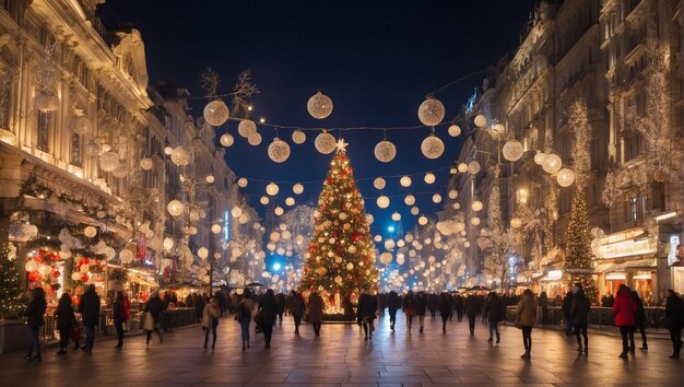 drukke stad op kerstnacht