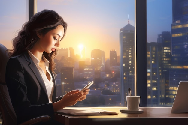 Drukke zakenvrouw met behulp van Smartphone in avond Office AI gegenereerd