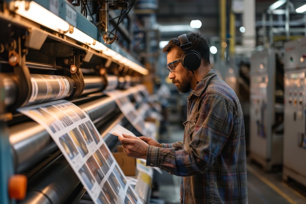 Drukoperator op het werk bij het bewaken van industriële drukmachines