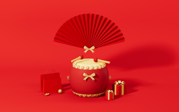 Drum and fan with red background 3d rendering