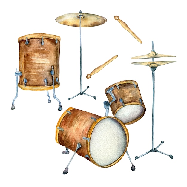 Drum kit cymbal musical instrument watercolor illustration isolated