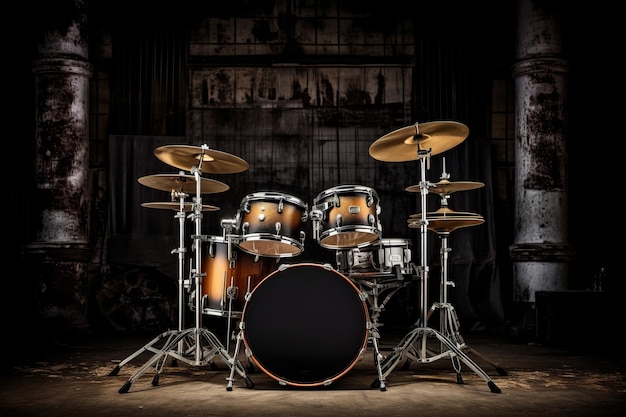 Photo drum kit on dark music stage close up