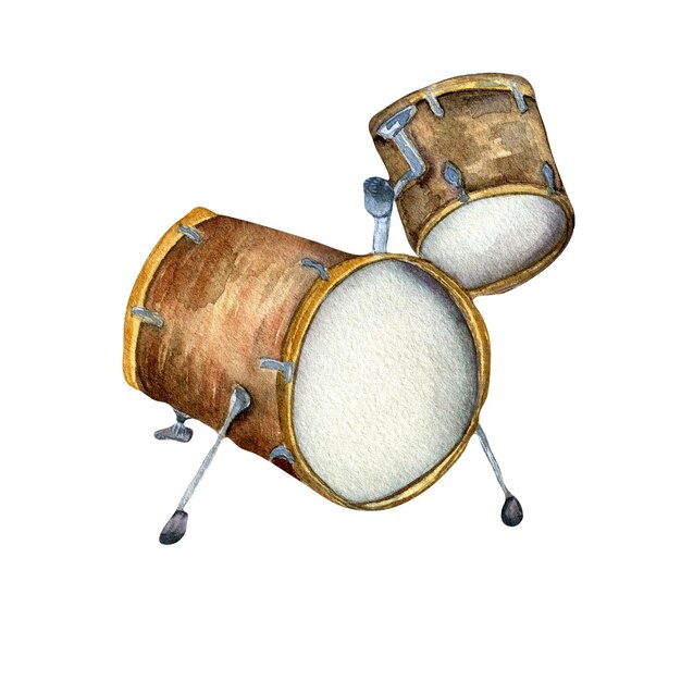 Drum kit musical instrument watercolor illustration isolated