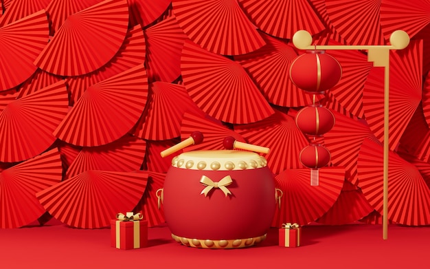 Drum and lanterns with red fans background 3d rendering