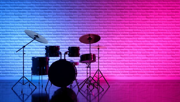 Drum set in beautiful neon light, 3d illustration