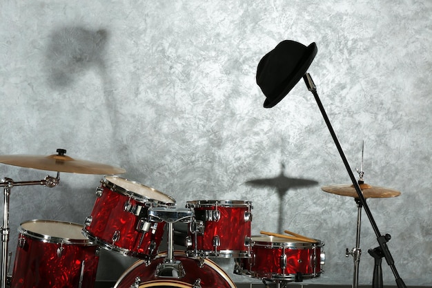 Drum set on brick wall background