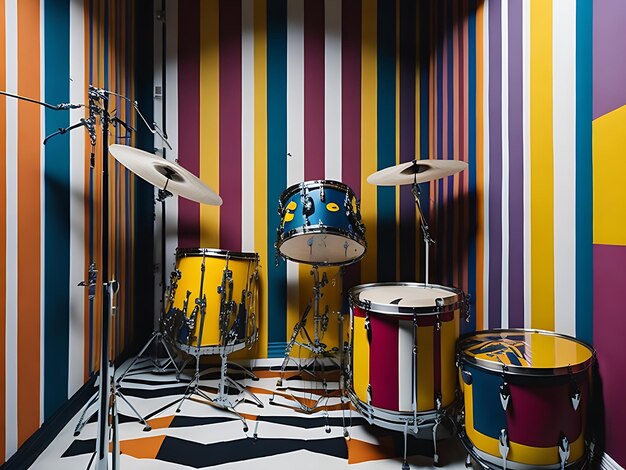 Photo drum set in the center of a room with a wall of multicolored stripes radiating ai generated