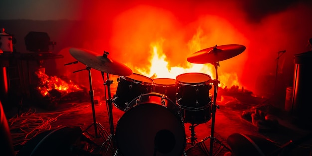 A drum set is lit up by a fire.