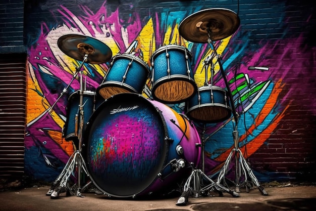 Photo a drum set is painted on a brick wall with a colorful mural.