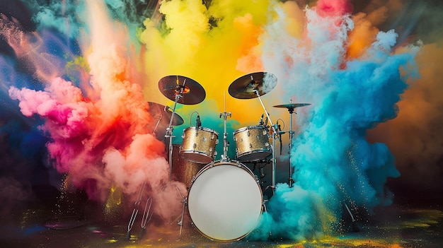 Drum Set surrounded by extra vibrant and colorful