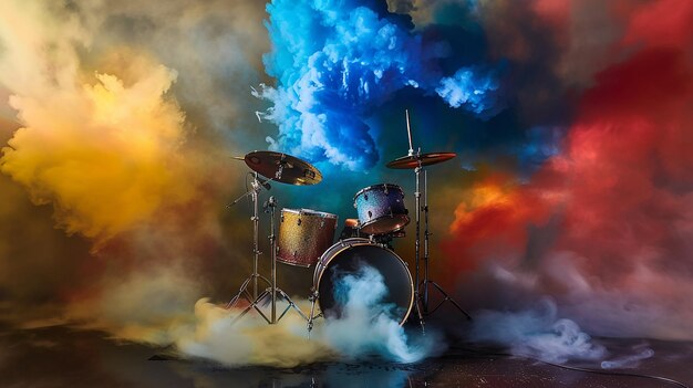 Drum Set surrounded by extra vibrant and colorful