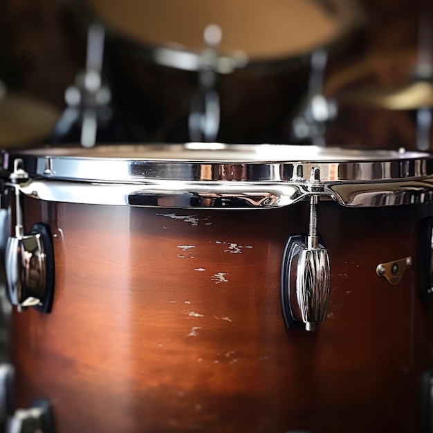 a drum set with a brown finish and the back of the drum set.