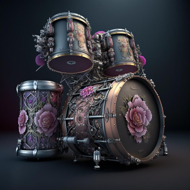 A drum set with flowers and a drum set.