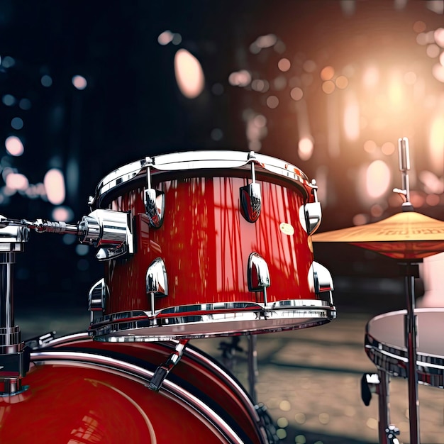 Photo a drum set with a red background and a gold drum kit with a gold band on it.