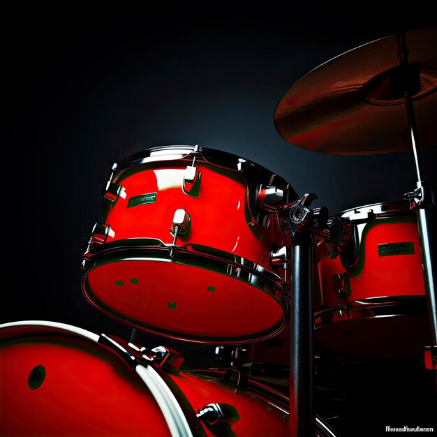 Photo a drum set with a red drum set on the bottom.
