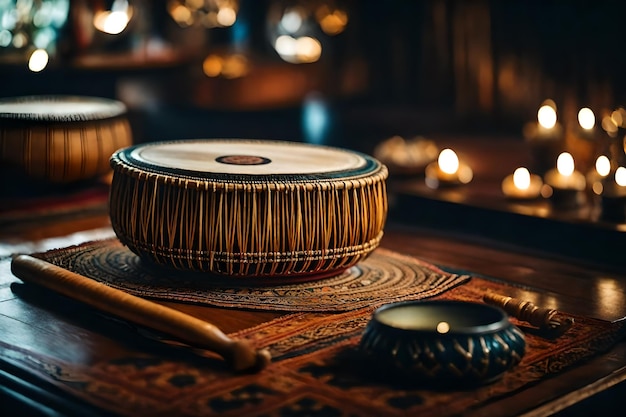 Foto un tamburo si siede su un tappeto con una candela sullo sfondo