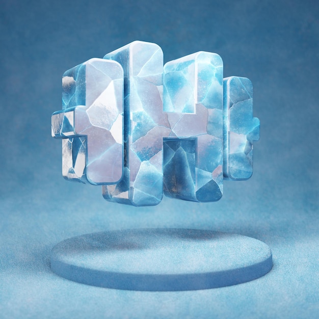 Drumbbell icon. Cracked blue Ice Drumbbell symbol on blue snow podium. Social Media Icon for website, presentation, design template element. 3D render.