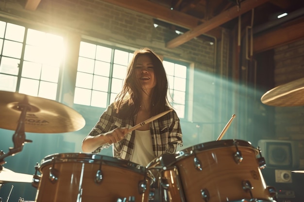 Drummer meisje rocken in een goed verlichte muziek studio