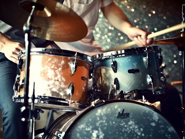 Drummer playing on drum kit on stage Closeup of plate drums sticks in background sce Generative AI