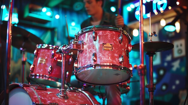 Foto un batterista che suona una batteria su un palco con luci blu e verdi sullo sfondo