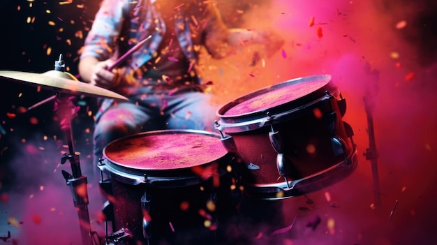 Drummer playing on drums in cloud colorful dust World music day banner with musician and musical instrument on abstract colorful dust background Music event Expression symphony colorful design