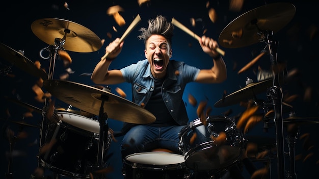 Drummer rehearsing on drums before rock concert Man recording music on drum set in studio