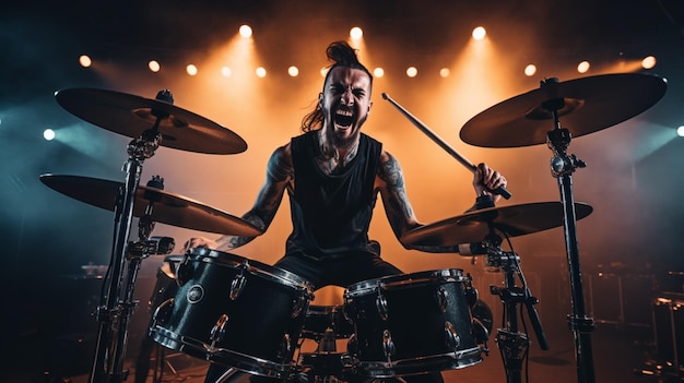 drummer skillfully plays metal drum kit onstage