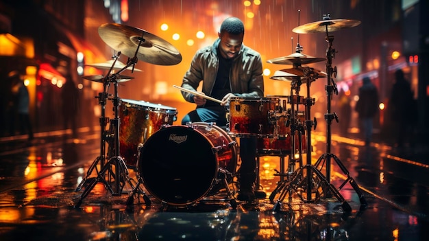 Drummer speelt drumstel in de nachtelijke hitte