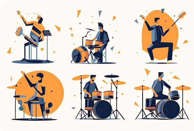 drummers in verschillende posities vector illustratie in de stijl van platte illustraties