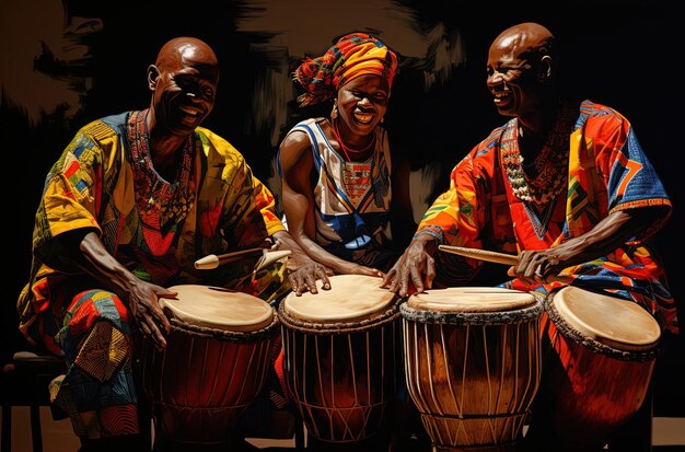 Photo drums are sitting nearby some men in the style of african patterns