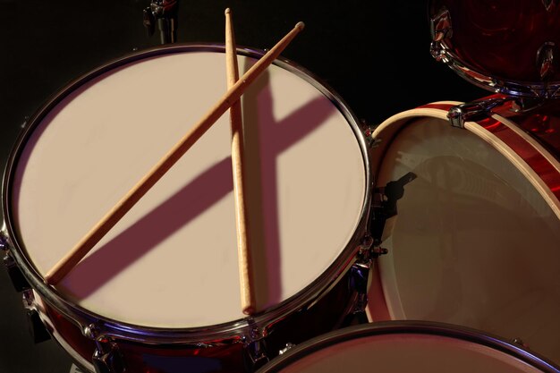 Drums set and sticks closeup