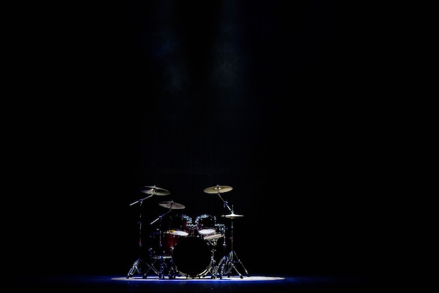 Drums on stage in the spotlight on the concert